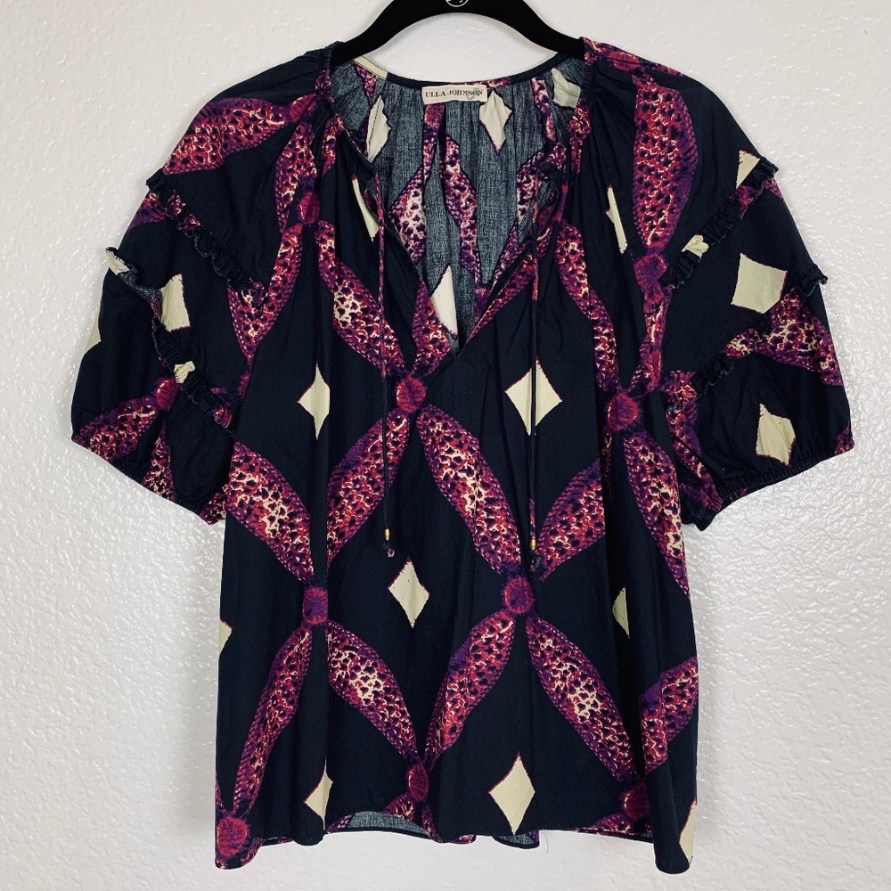 Ulla Johnson Arusi Top Plum Purple Womens Size 2 Short Sleeve Boho Diamond Print - Picture 2 of 14